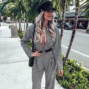 Gingham jumpsuit.